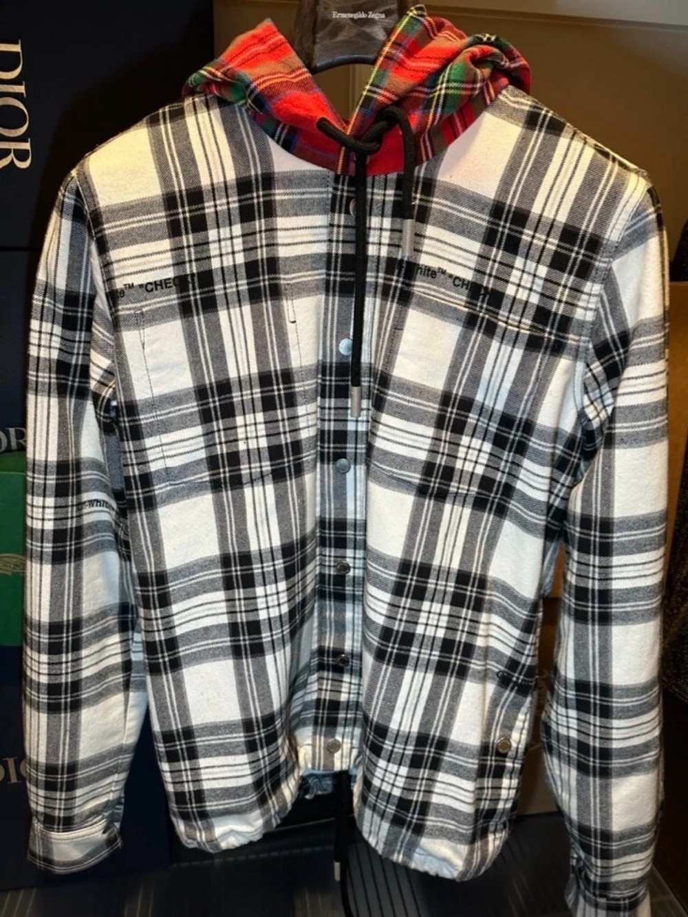 Off-White Black & White Plaid Shirt Jacket with Red Tartan Hood